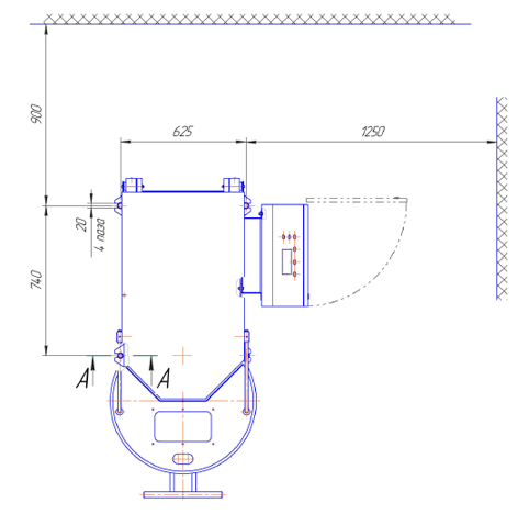 Схема размещения тестомесильной машины Прима-160 с подкатной дежой 